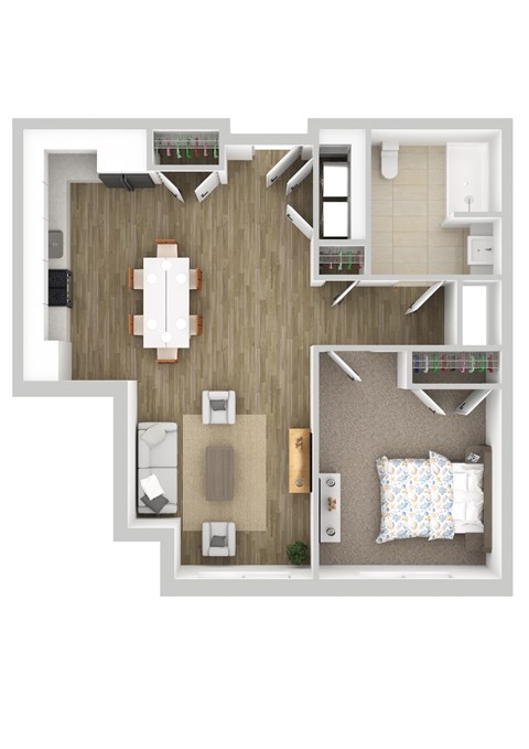 Floor plan for 1 bed, 1 bath, 752 sqft